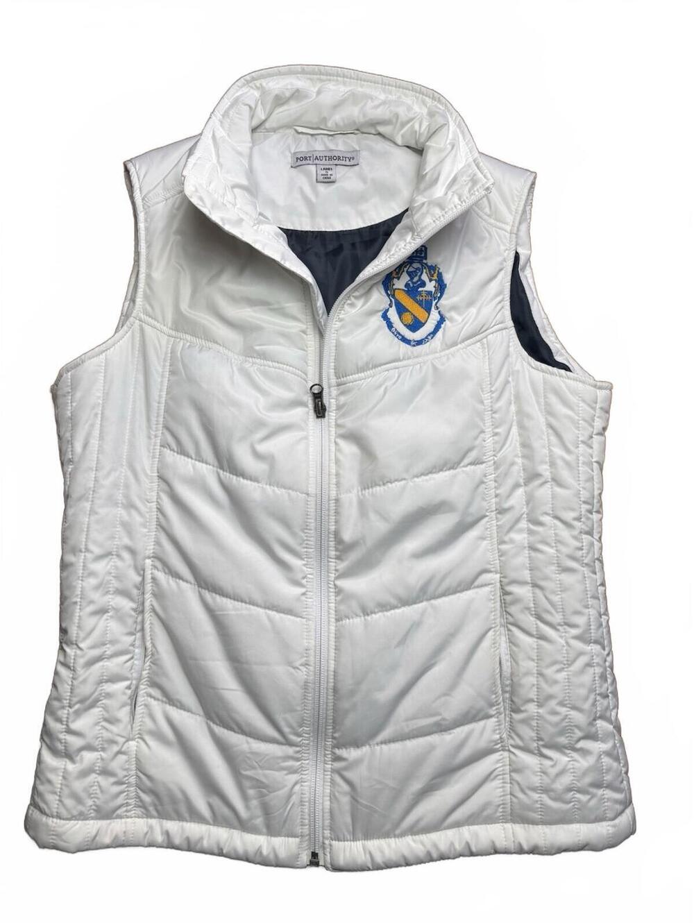 Port Authority Ladies White Quilted Vest with Crest Embroide